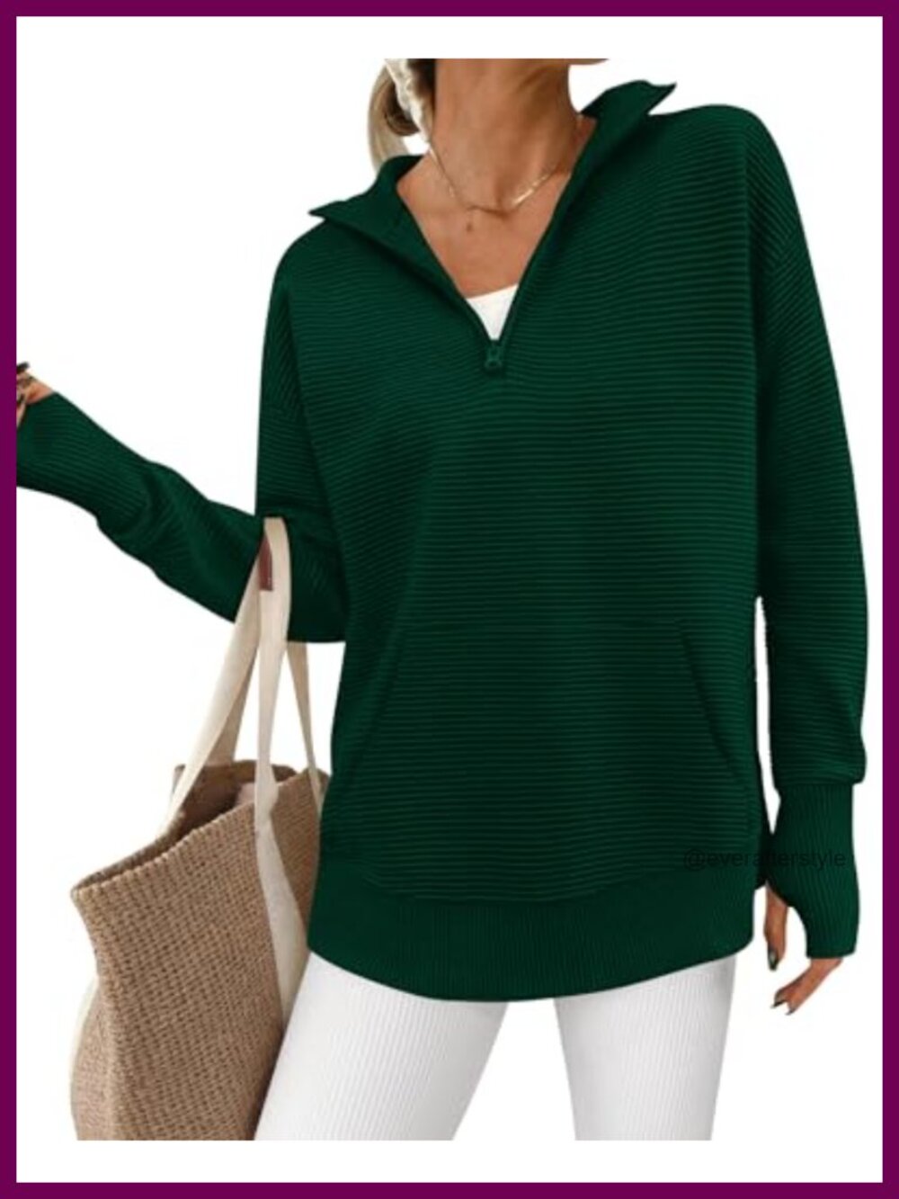 Quarter Zip V-Neck Ribbed Knit Pullover Sweater with Thumb Hole & Pocket